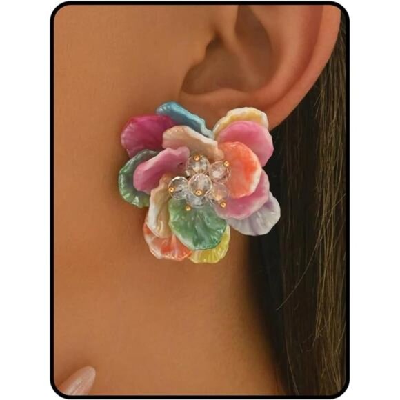 Multicolor Hibiscus Flower Earrings | Layered Acrylic Petal Statement Dangles - Picture 2 of 5